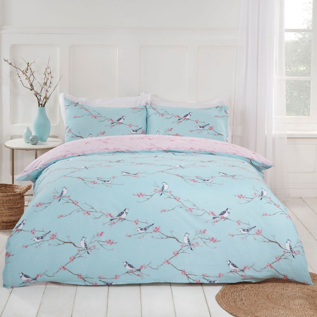 Dreamscene Blossom Bird Duvet Set, Duck Egg Blue King