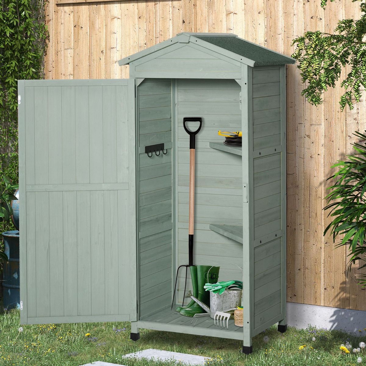 Outsunny Wooden Garden Storage Shed Sage Tall
