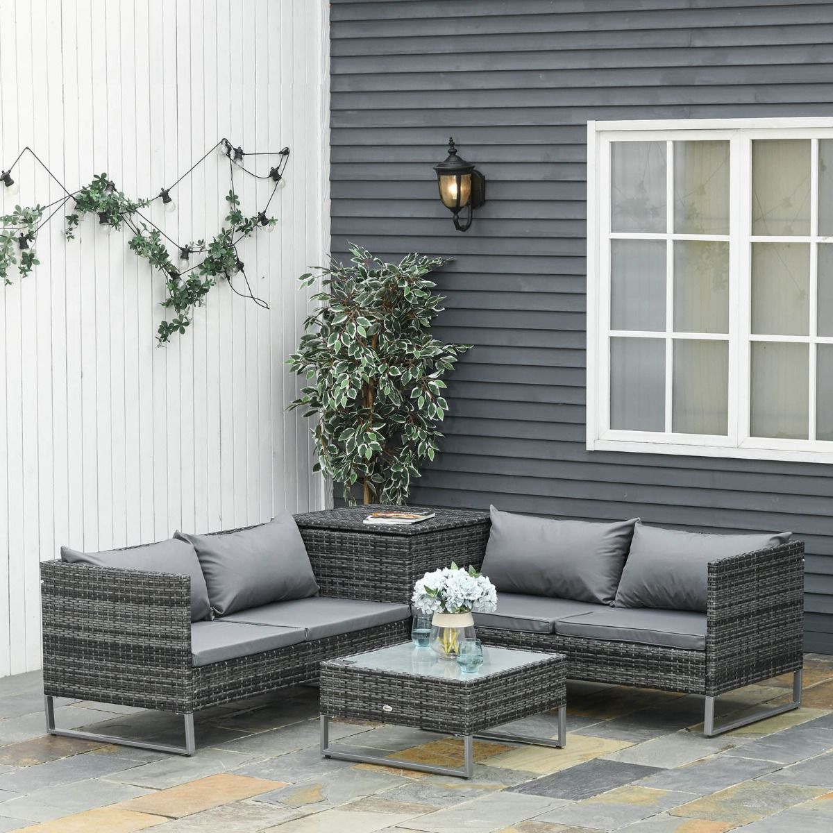 Outsunny Rattan Garden Furniture Sofa Set, Mixed Grey - 4 Seater