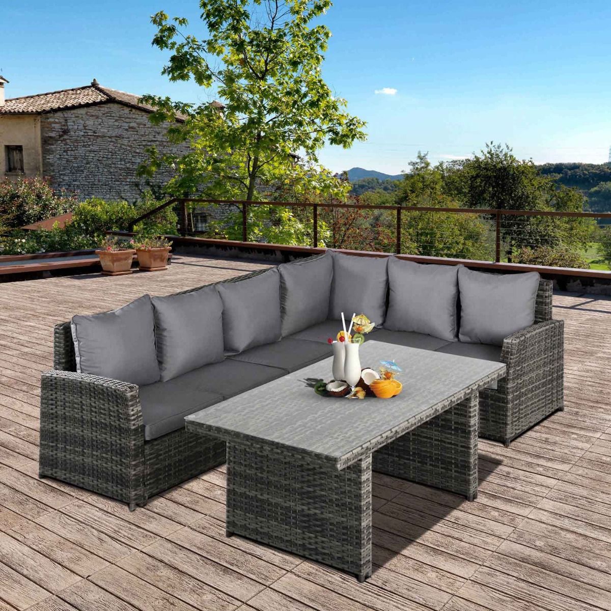 Outsunny Rattan Corner Sofa Dining Set With Tempered Glass Table, Grey - 5 Seater