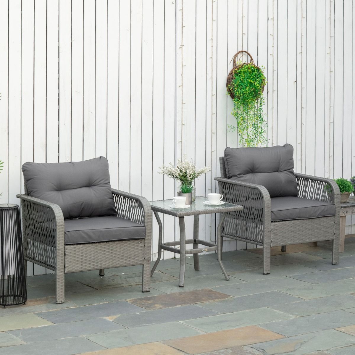 Outsunny Rattan Wicker Bistro Set, Grey 3 Piece
