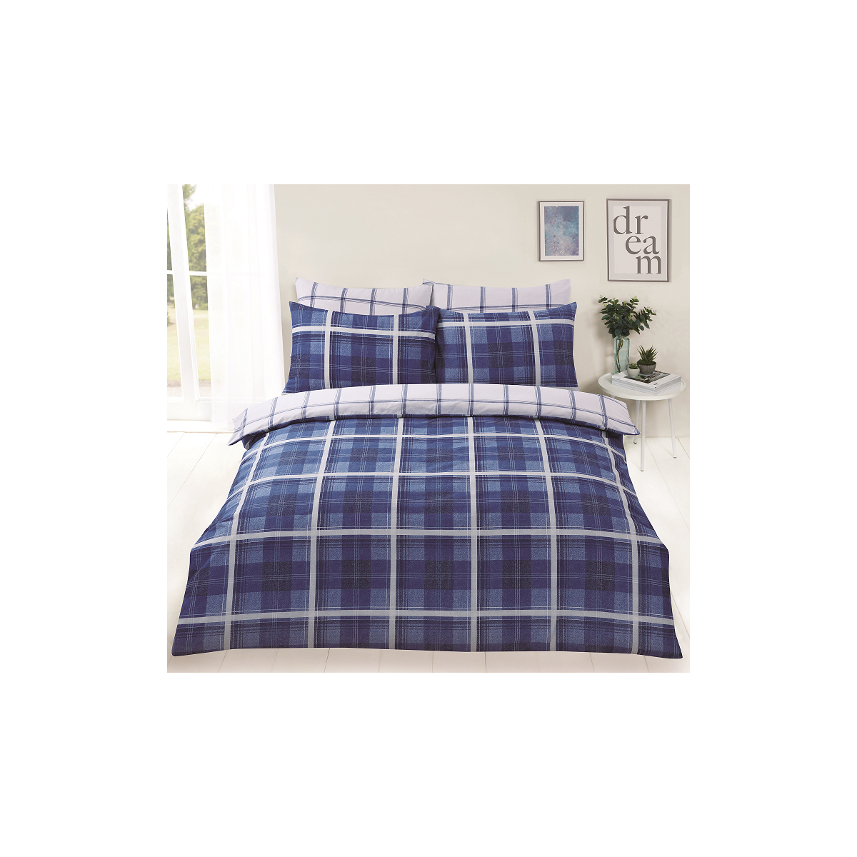 Dreamscene Denim Check Duvet Cover Set, Blue King
