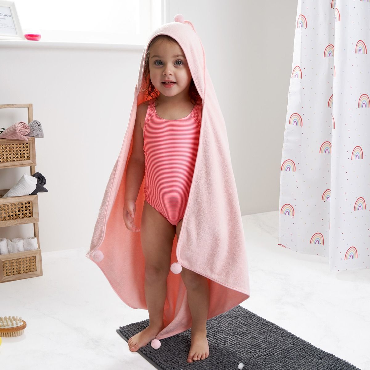 Dreamscene Kids Plain Pom Pom Hooded Towel, Blush - One Size