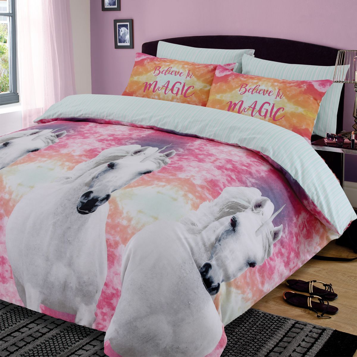 Dreamscene Unicorn Magic Duvet Cover with Pillowcase Reversible Kids Stripe Bedding Set, Pink Blue Grey - King