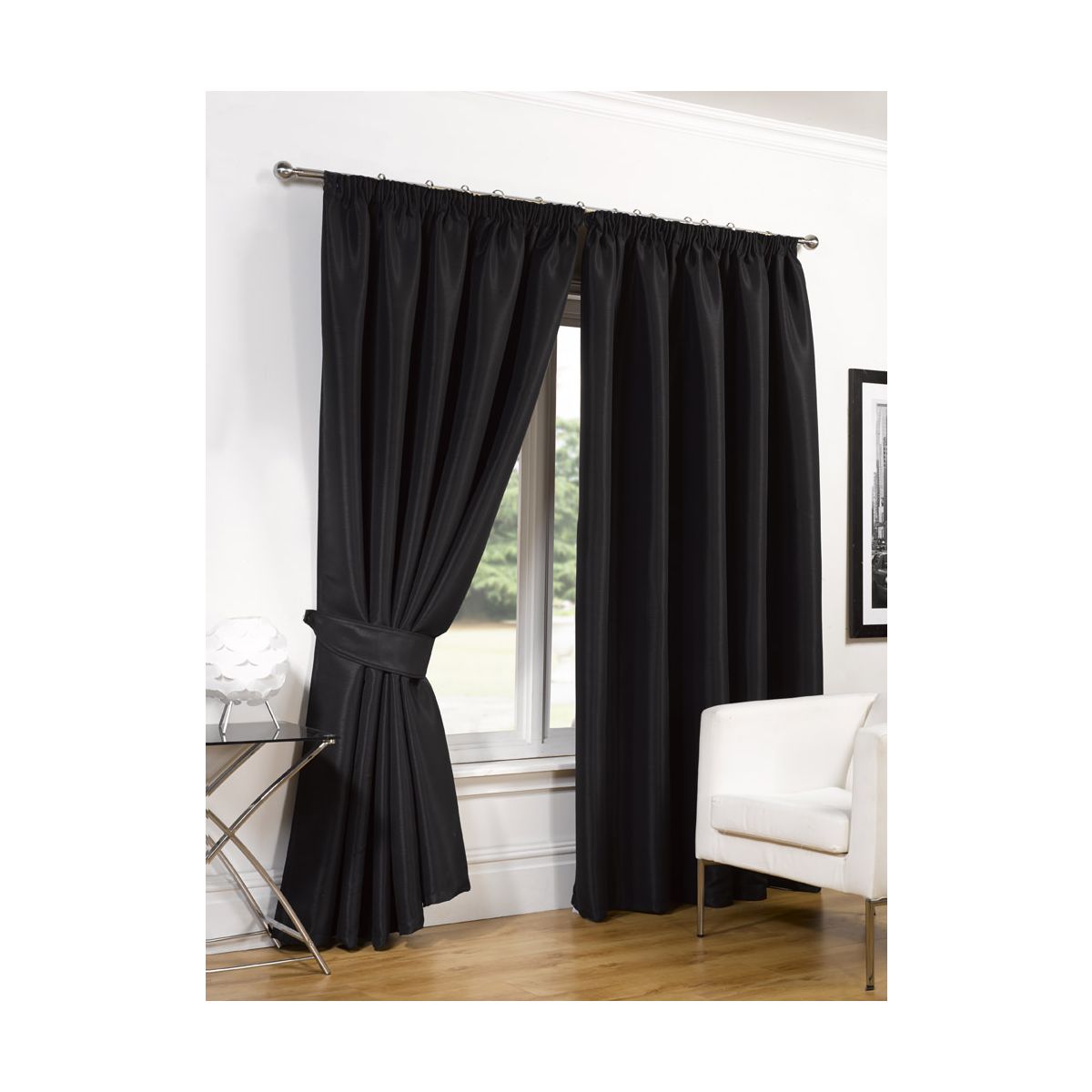 Luxury Faux Silk Blackout Curtains Including Tiebacks - Black 46x54