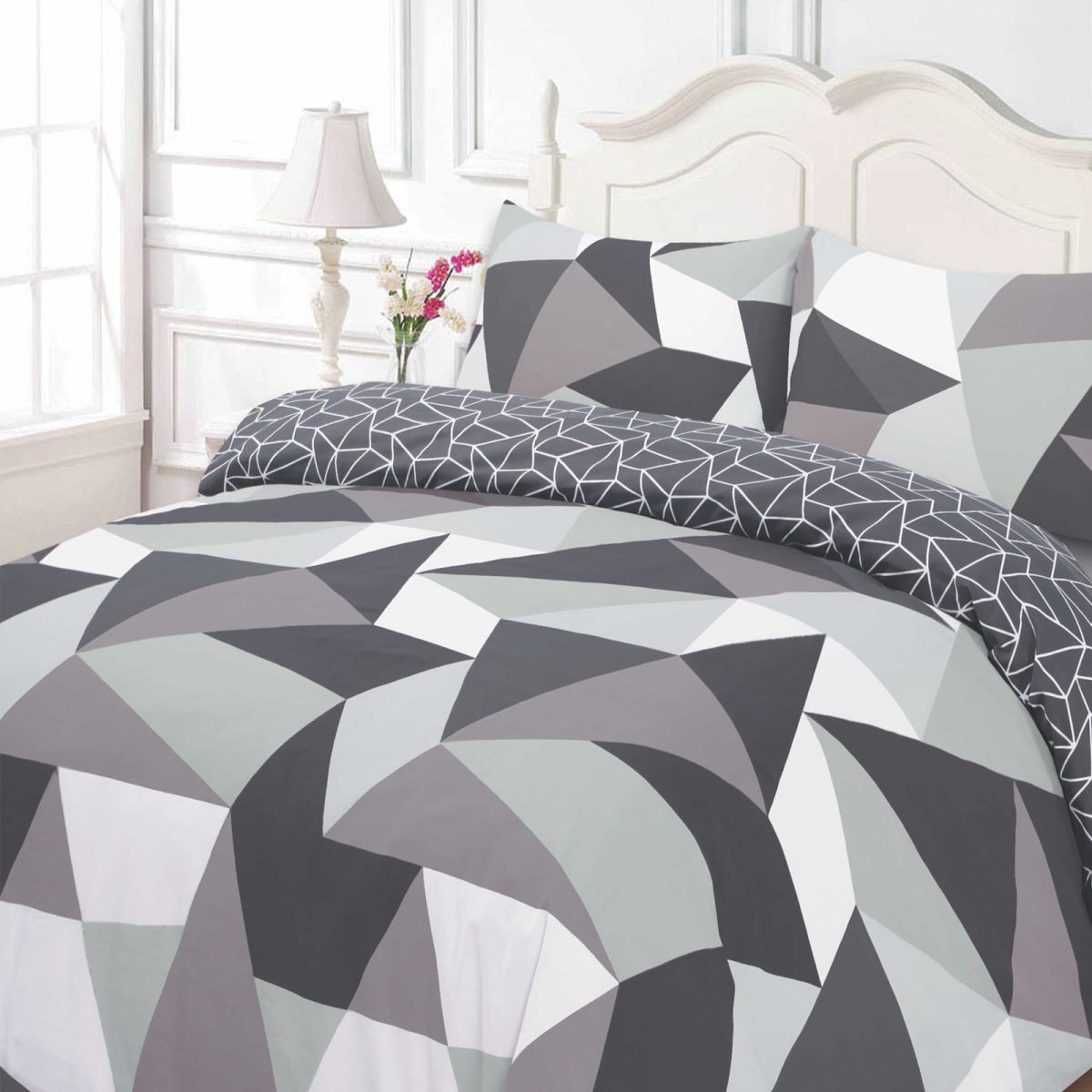 Dreamscene Shapes Geometric Duvet Cover Bedding Set, Black Grey - Single
