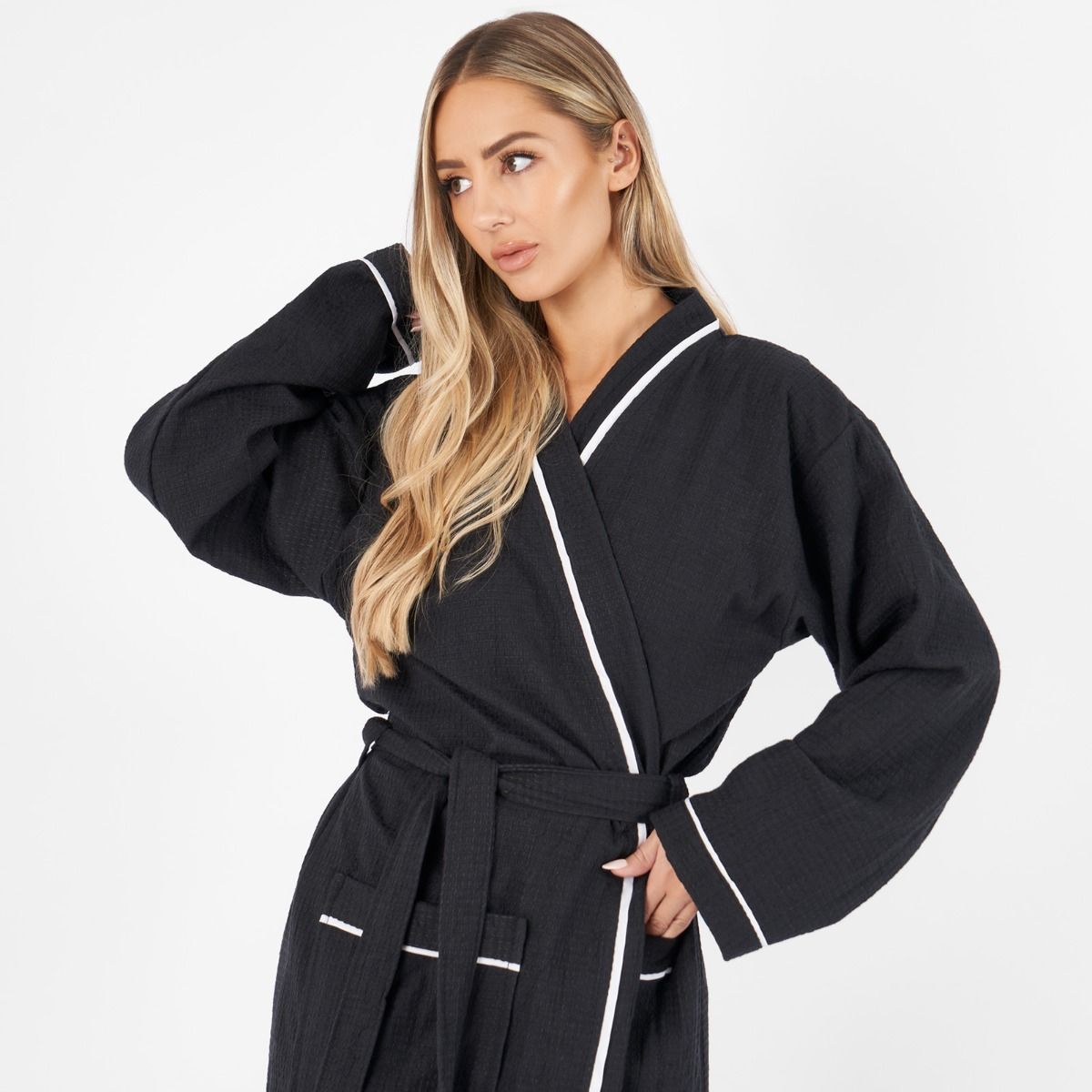waffle dressing gown black
