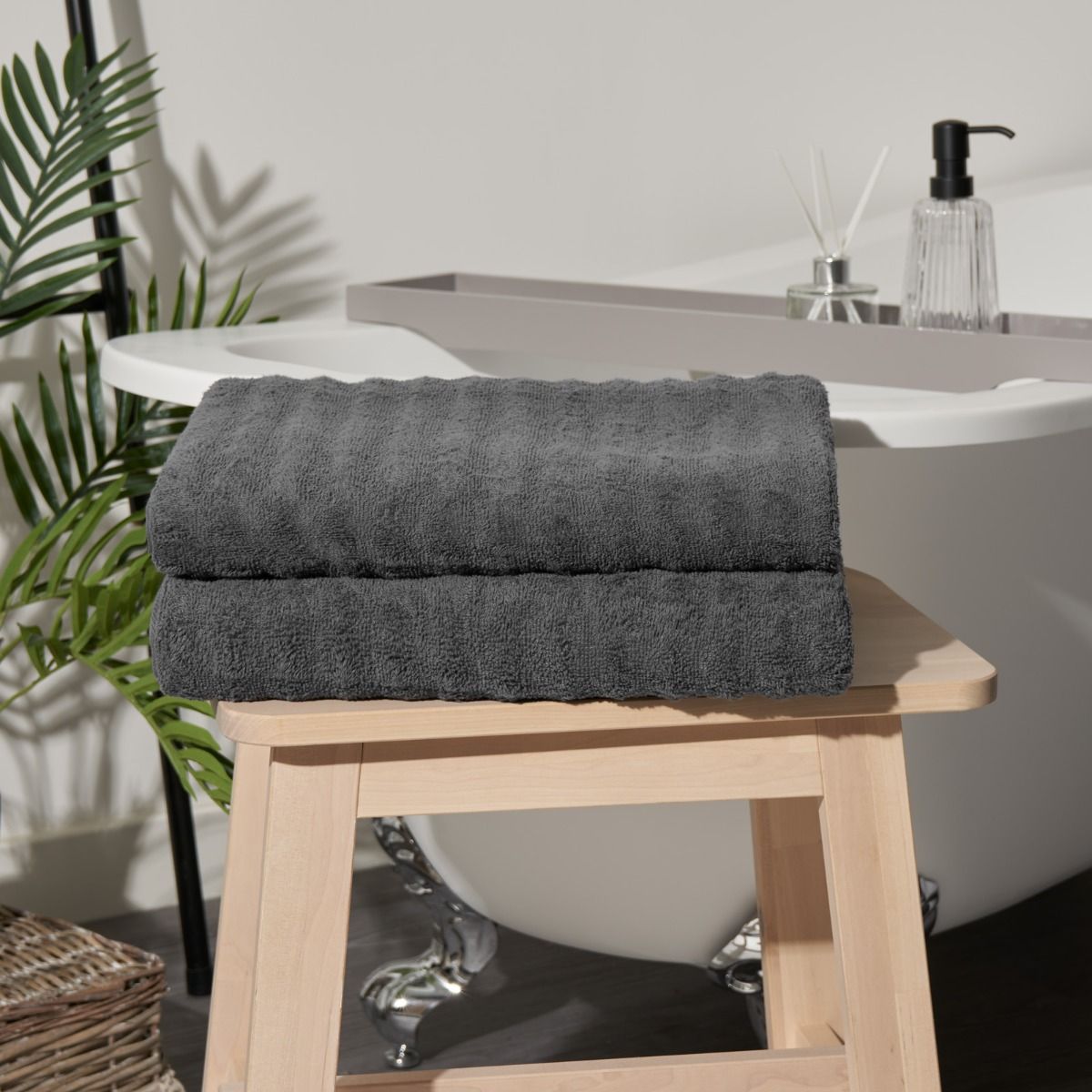 Highams 100 Cotton 2 Piece Jumbo Ribbed Stripe Bath Sheets Grey