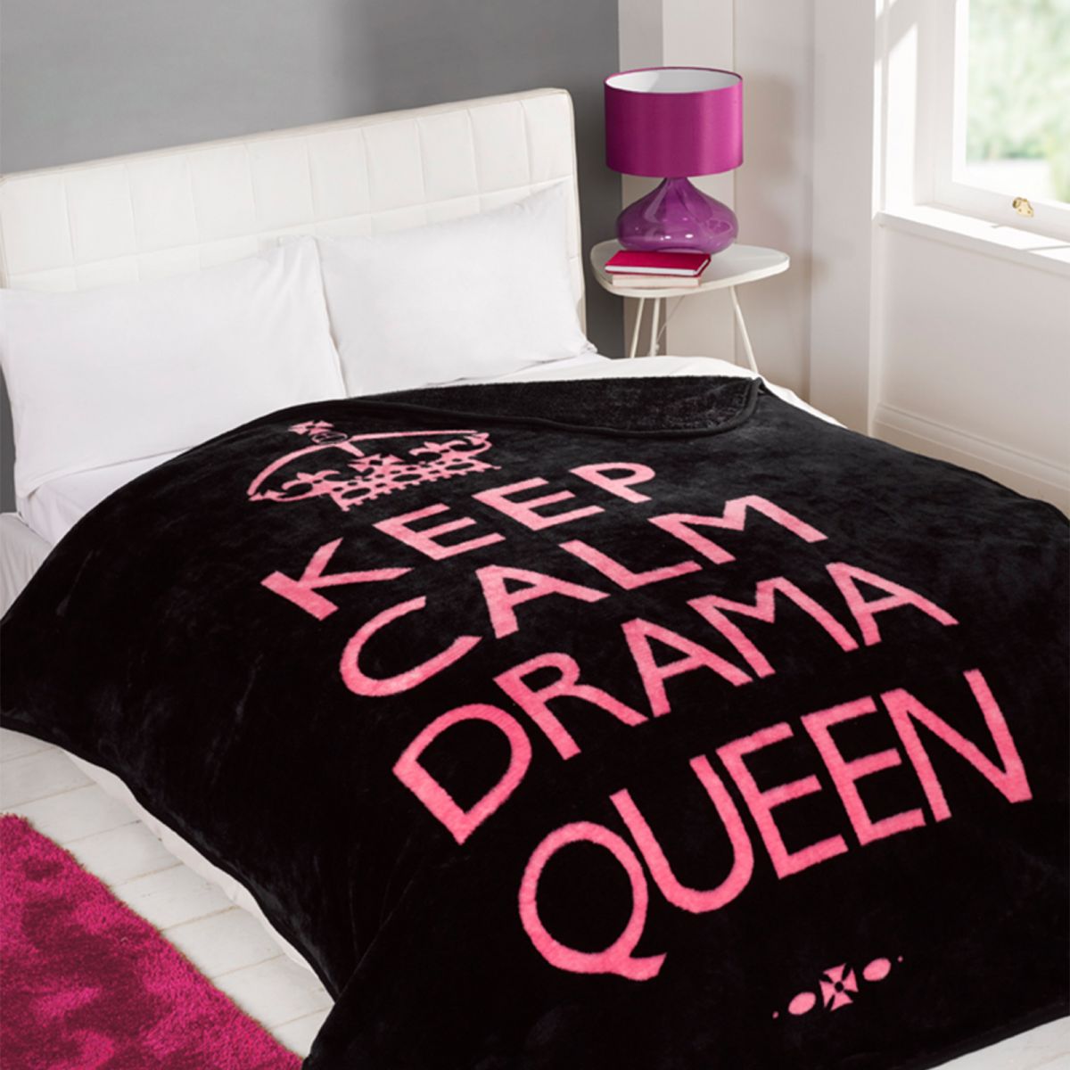 Dreamscene Large Soft Blanket Throw Keep Calm Drama Queen Black Pink 200 x 240cm