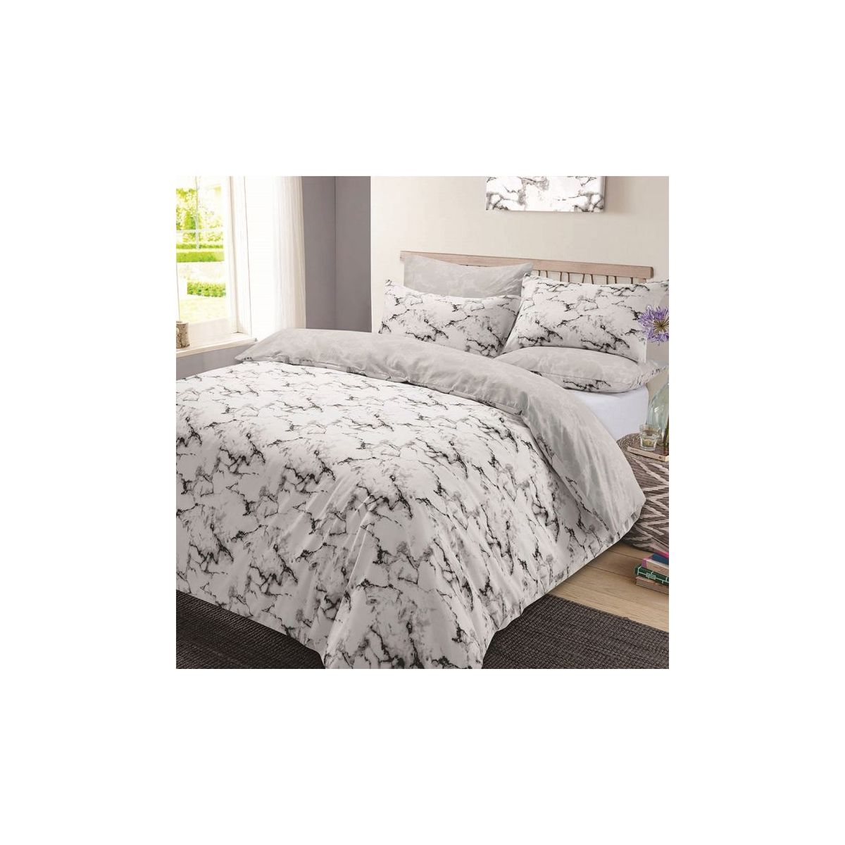 Marble Edge Duvet Cover with Pillow Case Reversible Bedding Set - Grey, Single