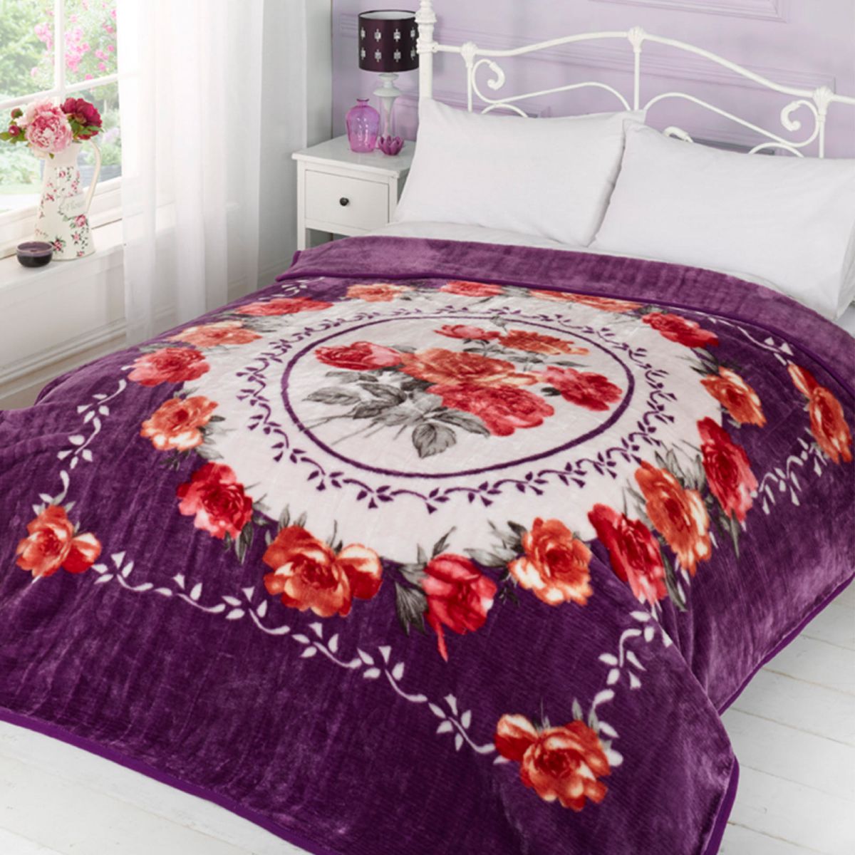 Luxury Warm Soft Large Mink Faux Fur Rose Floral Aubergine Sofa Bed Blanket Throw
