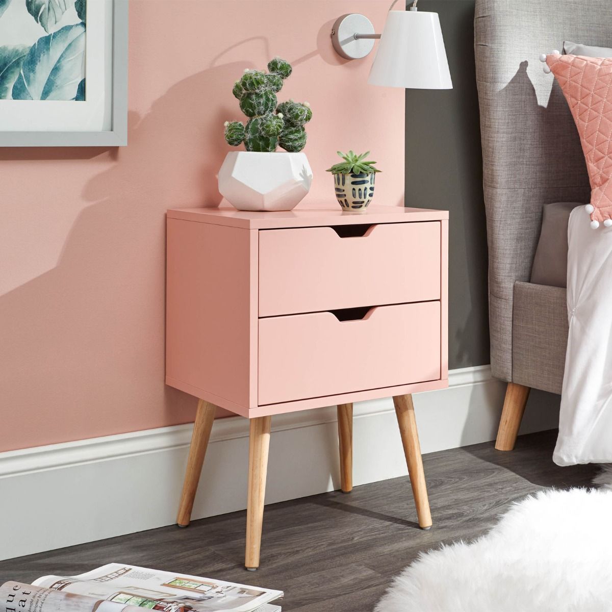Nyborg Single 2 Drawer Bedside Table - Coral Pink