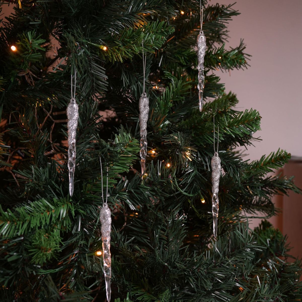 Pack of 6 Icicle Christmas Tree Decorations Silver