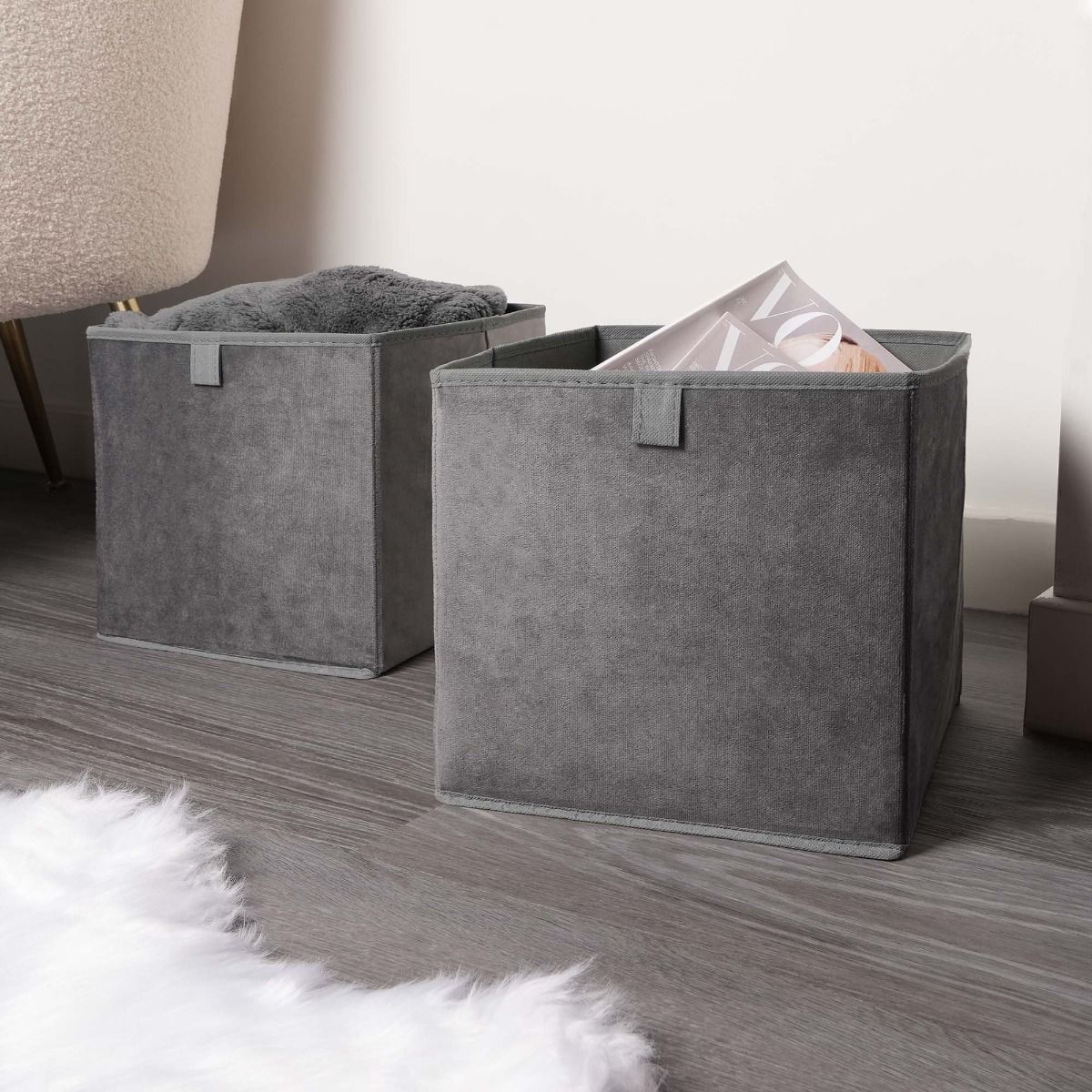 OHS Matte Velvet Cube Storage Boxes, Charcoal - 2 Pack