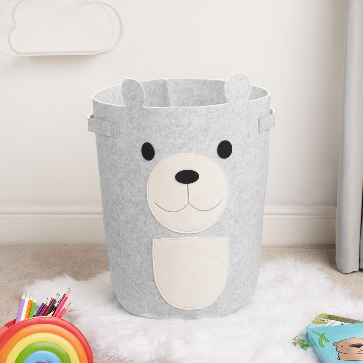 OHS Kids Felt Bear Storage Basket Grey