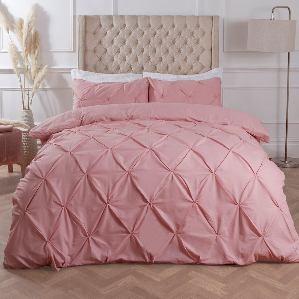 Highams Diamond Pintuck Pinch Pleat Duvet Cover Set Blush Pink