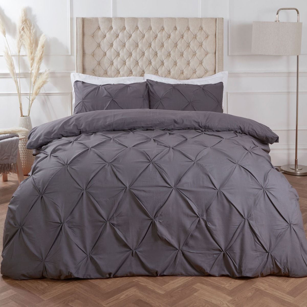 Highams Diamond Pintuck Pinch Pleat Duvet Cover Set, Charcoal Grey Double