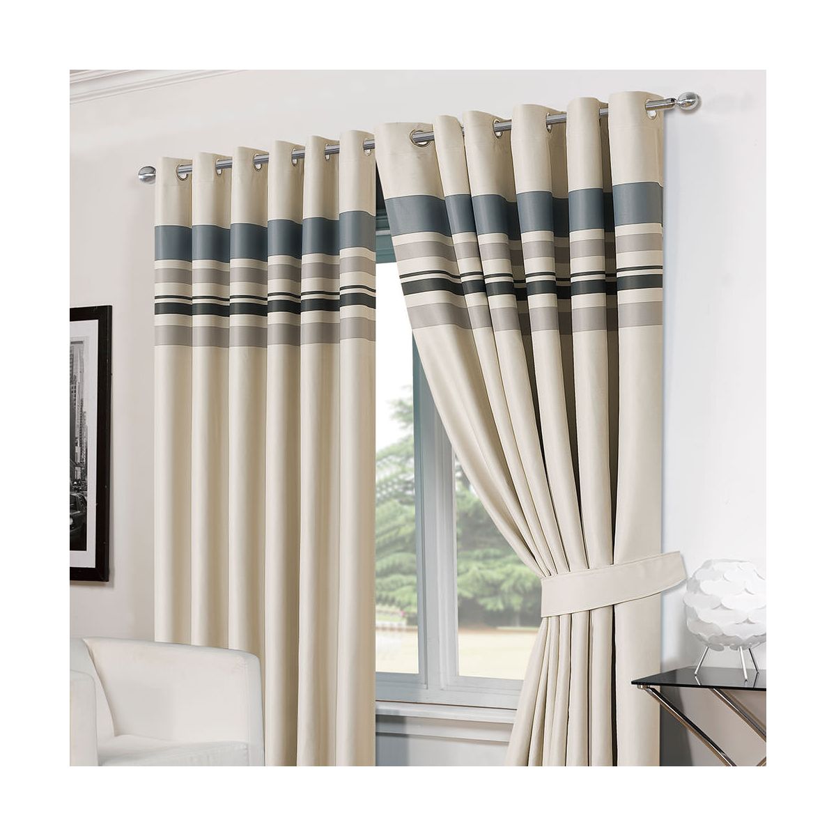 Luxury Ring Top Fully Lined Pair Thermal Blackout Ready Made Eyelet Curtain Silver Grey Striped 66" width x 90" drop including Free Tie backs