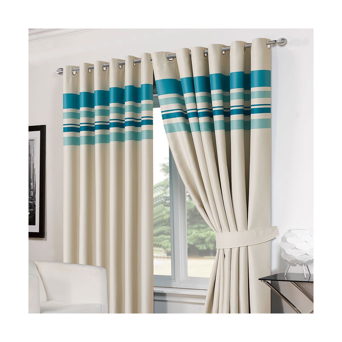 Luxury Ring Top Fully Lined Pair Thermal Blackout Ready Made Eyelet Curtain Teal Striped 90" width x 72" drop including Free Tie backs