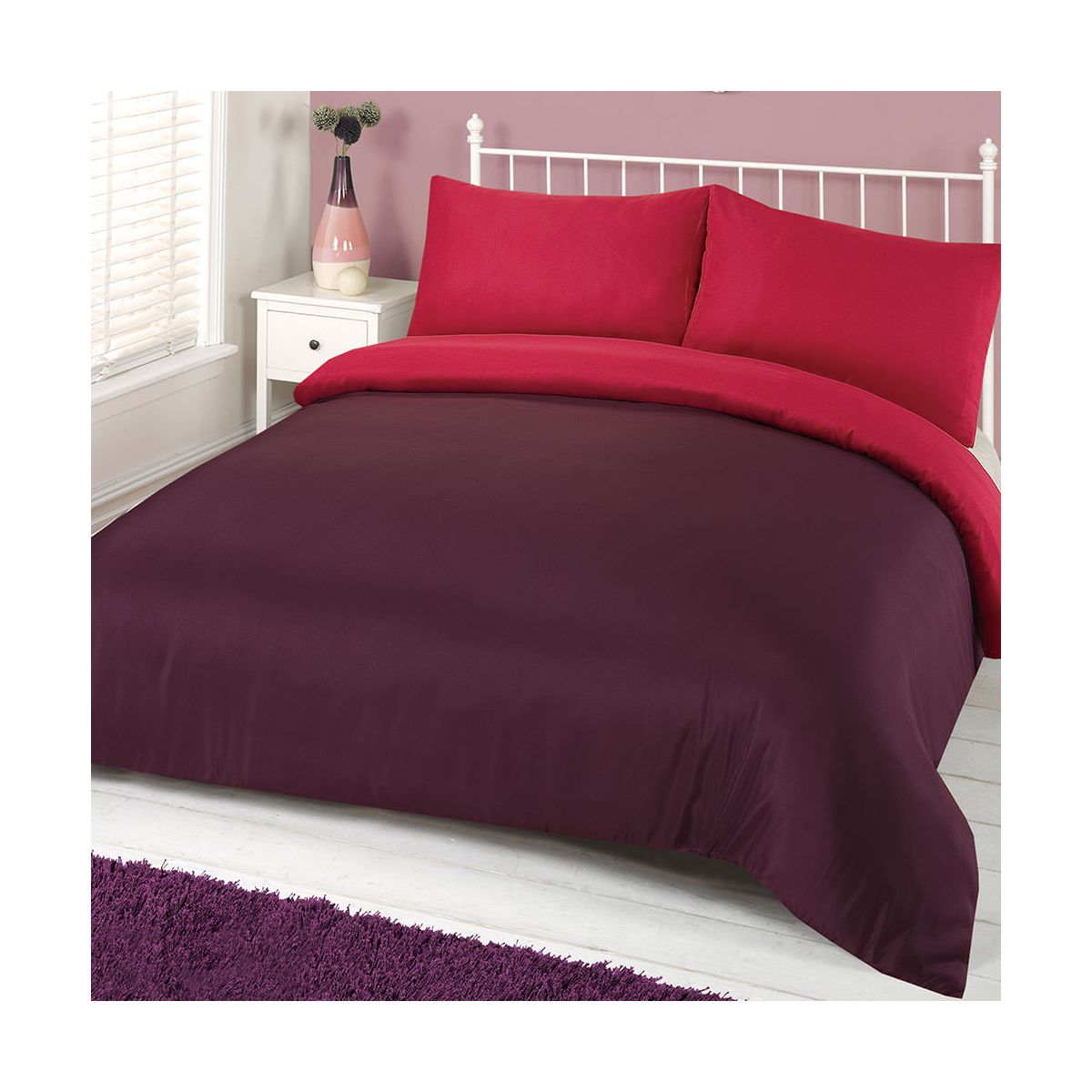 Brentfords Plain Duvet Double Cover with Pillowcases- Purple/Pink