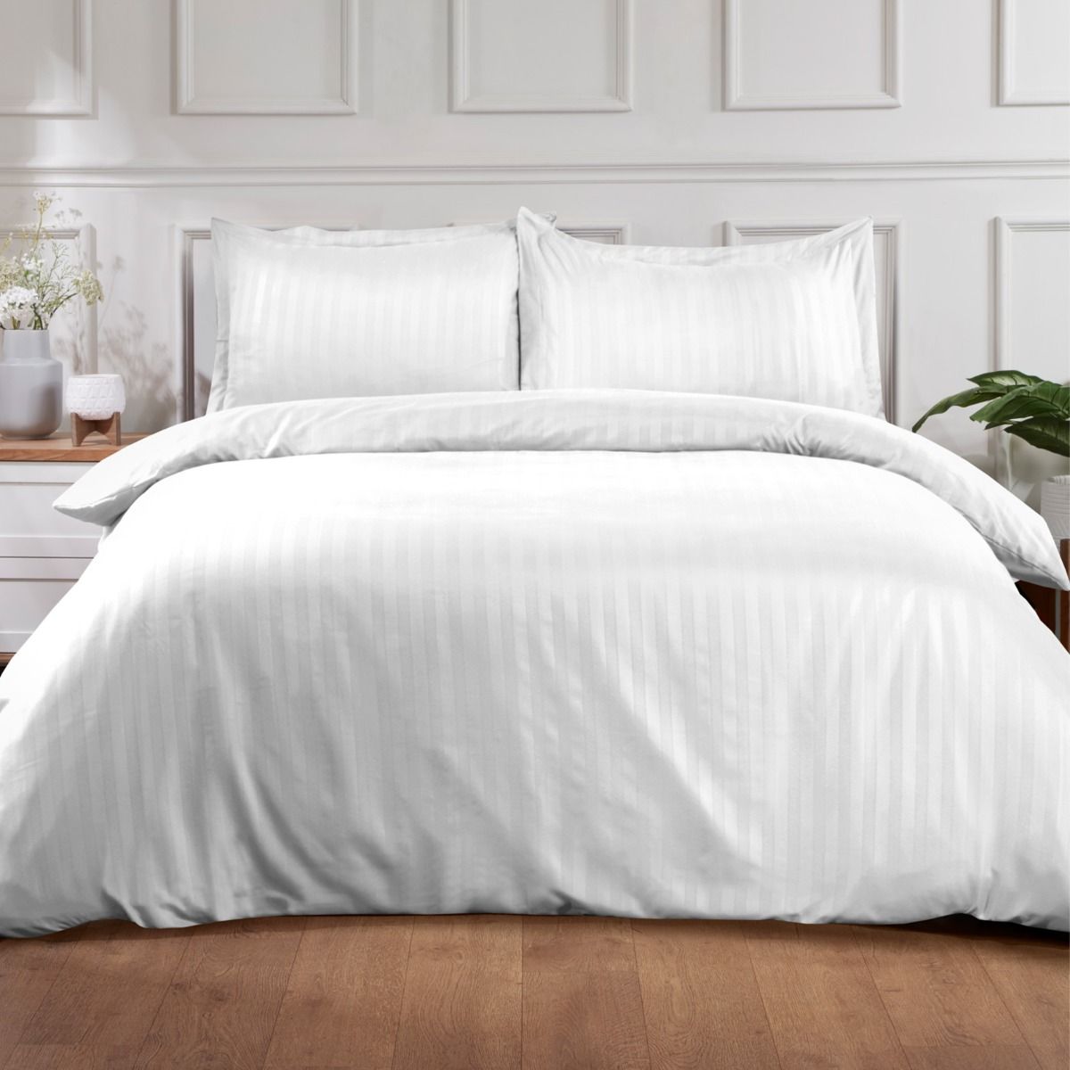 Brentfords Satin Stripe Duvet Double Cover with Pillow Case Set - White