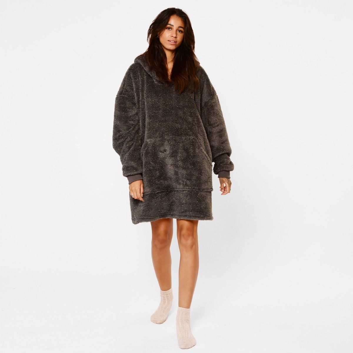 Sienna Teddy Fleece Glitter Hoodie Blanket Charcoal Grey