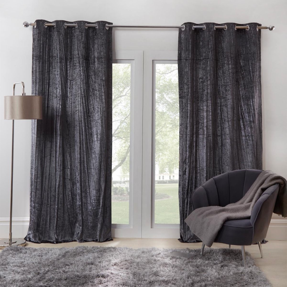 Sienna Home Valencia Crinkle Crushed Velvet Eyelet Curtains - Charcoal Grey