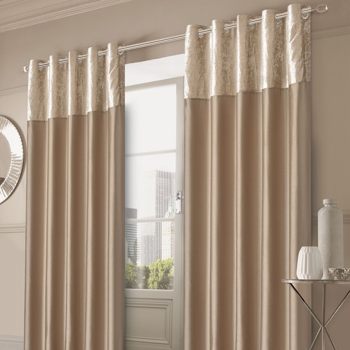Sienna Home Crushed Velvet Band Eyelet Curtains, Gold - 90"x54"