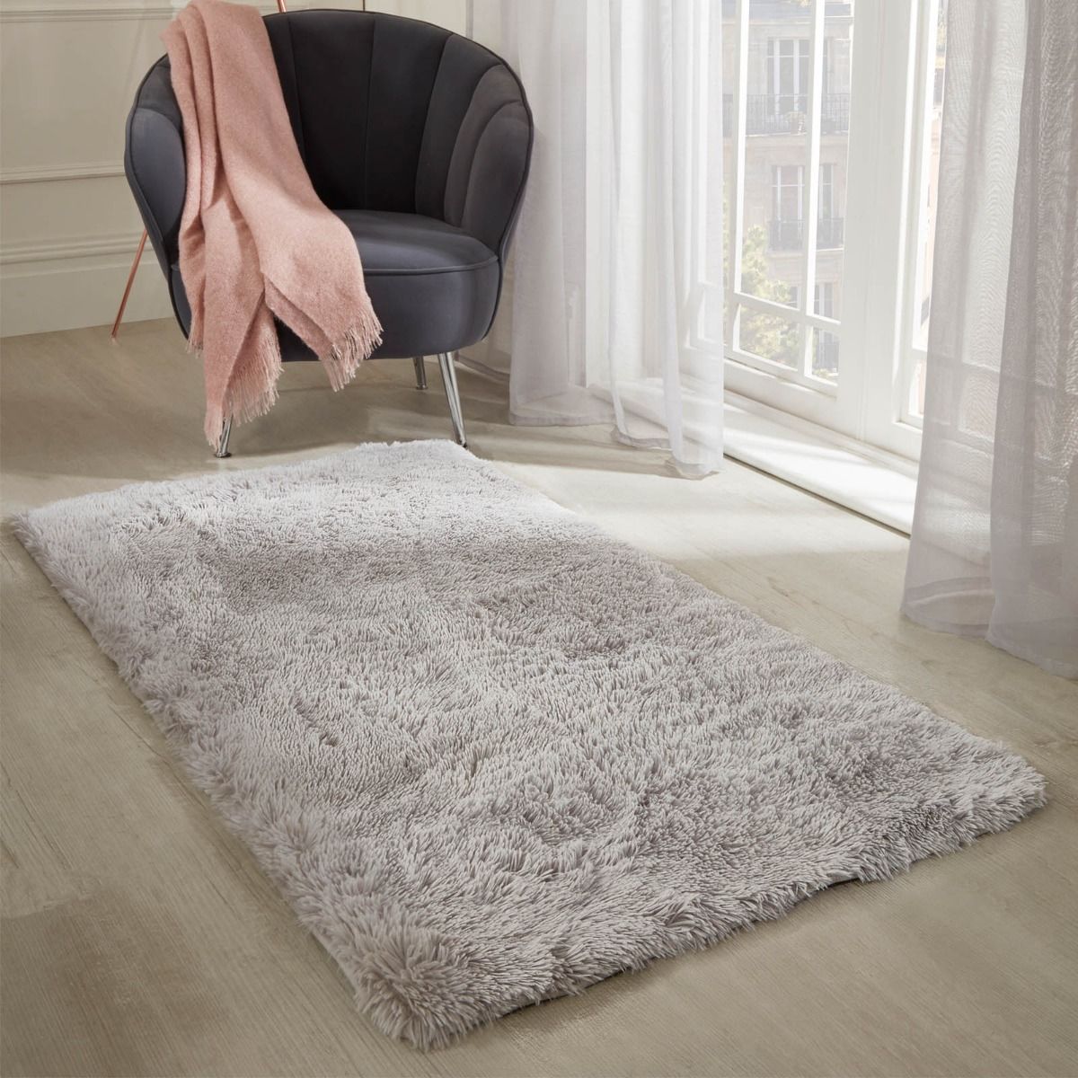 Sienna Soft Fluffy Rug Anti-Slip Plain Shaggy Floor Mat, Silver - 80 x 150cm