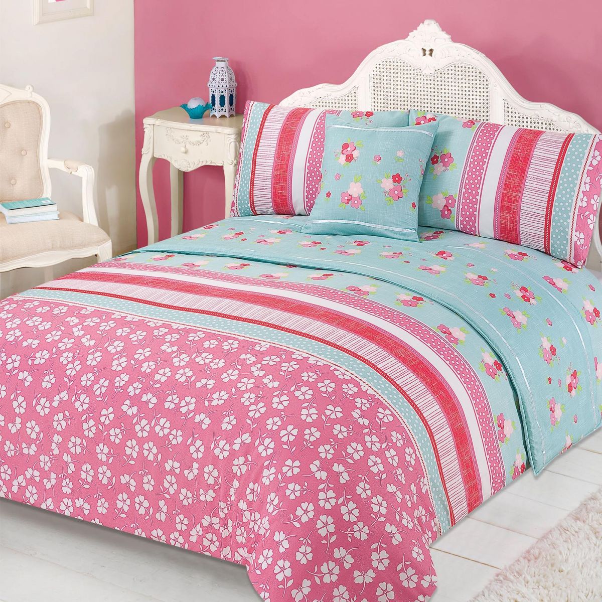 Verity Bed In A Bag Duvet Cover King Size Set - Pink Green