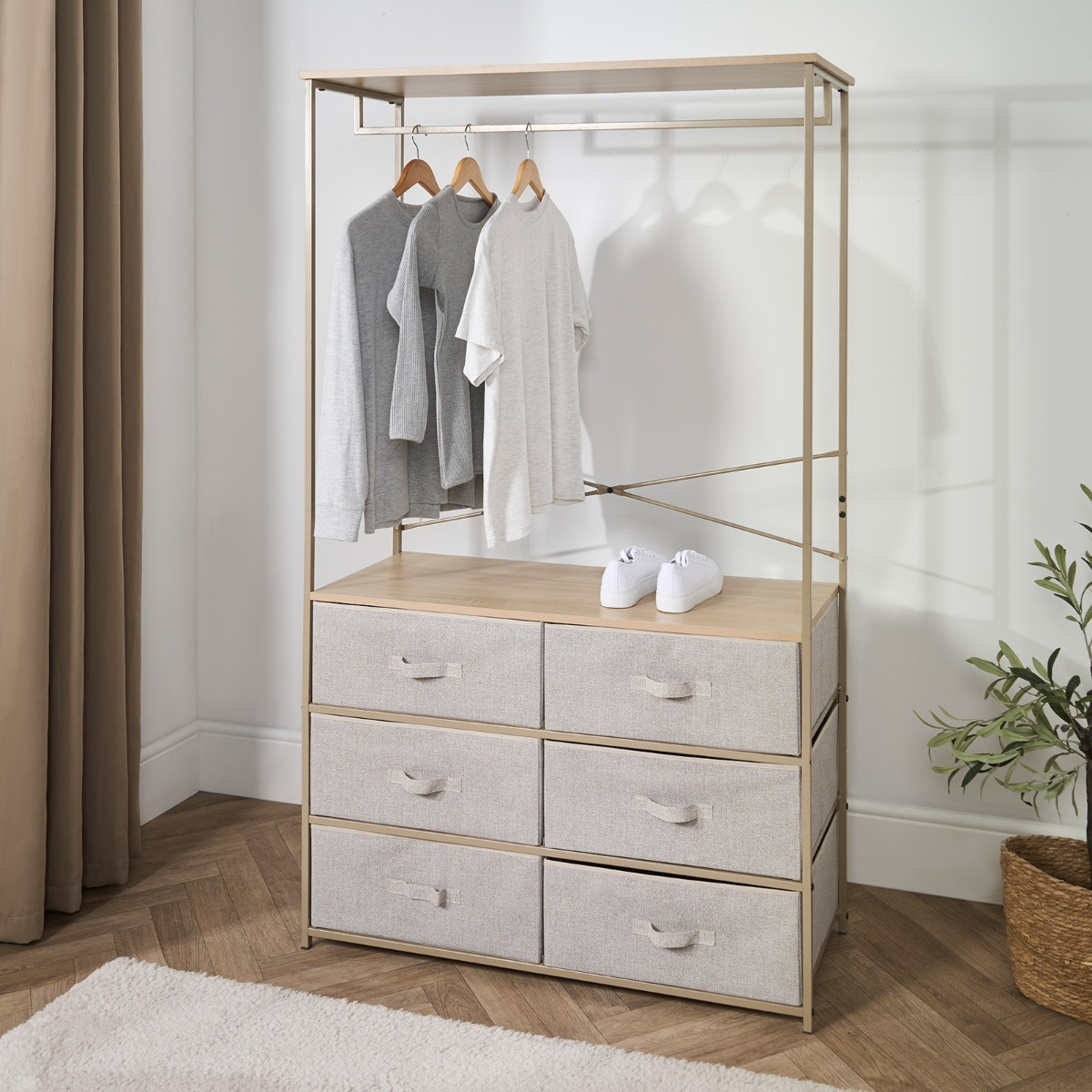OHS Brooklyn 6 Drawer Fabric Cabinet with Hanging Rail - Beige