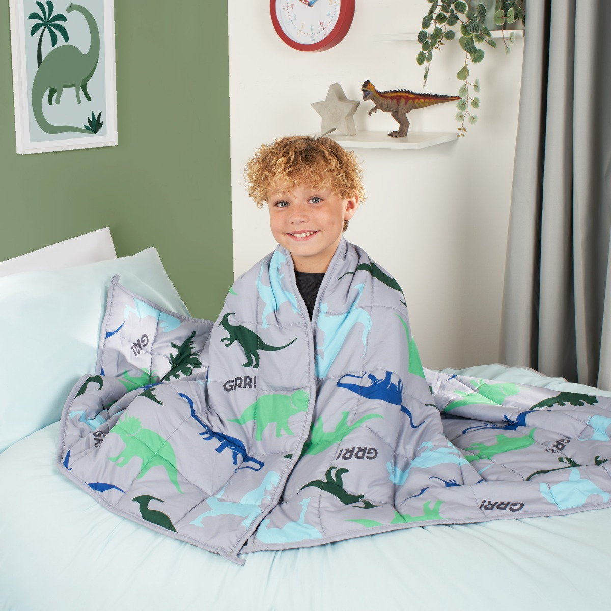 OHS Kids Teddy Fleece Dinosaur Weighted Blanket, Grey 3kg