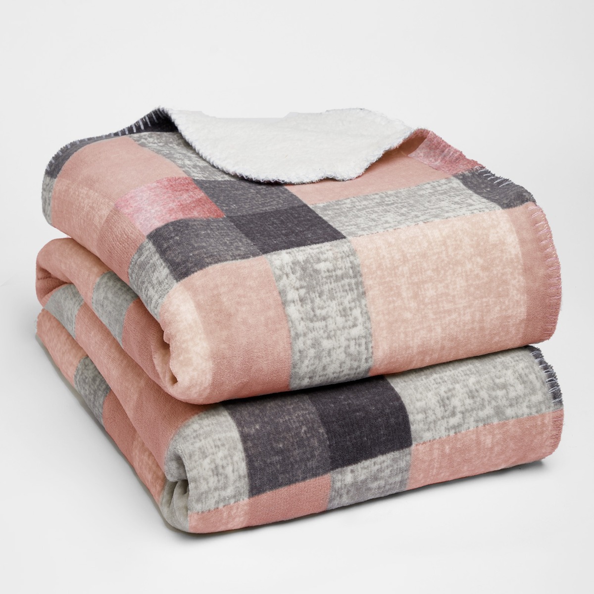 OHS Tartan Check Fleece Throw, 150 x 180cm – Blush