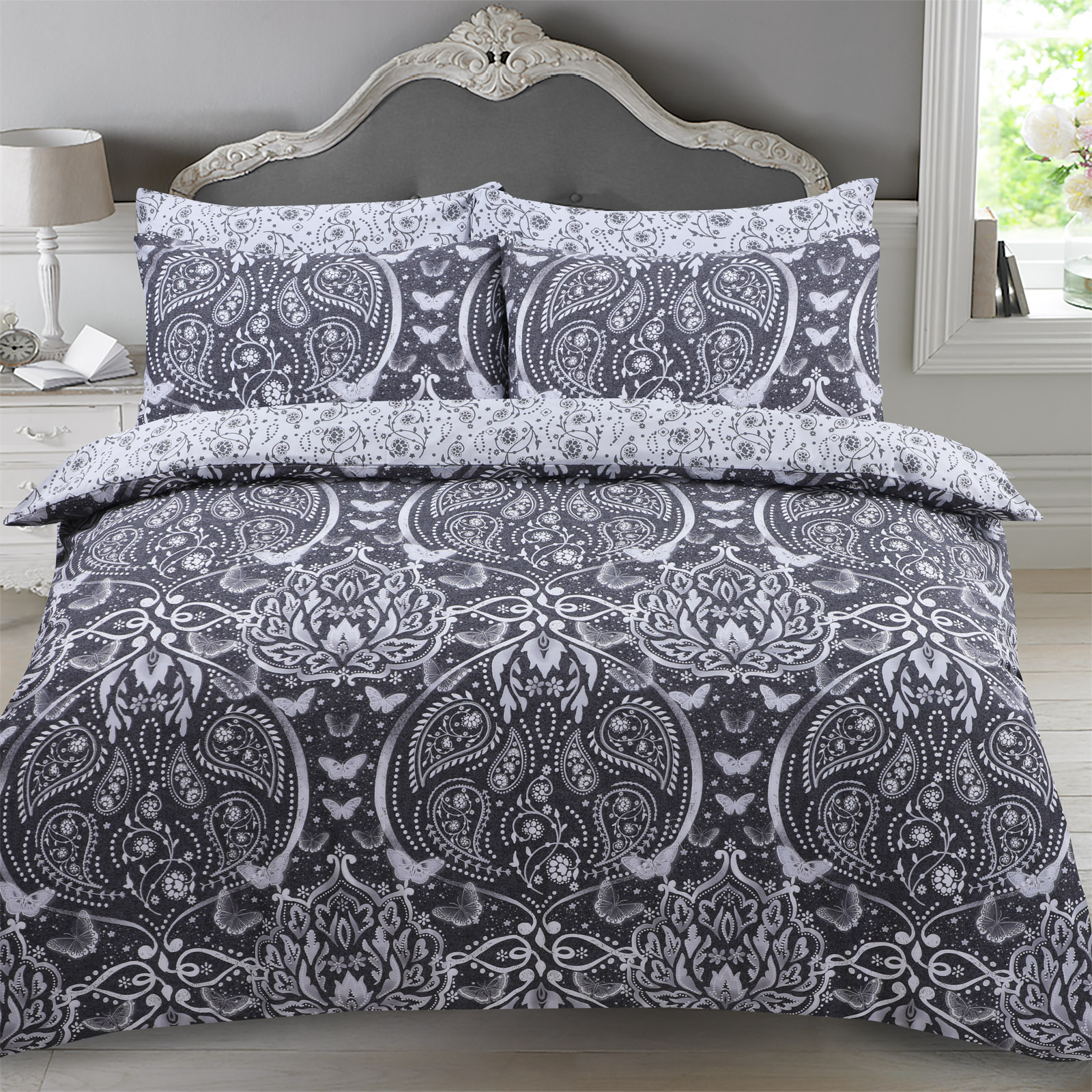 OHS Butterfly Damask Duvet Set, Black – Double