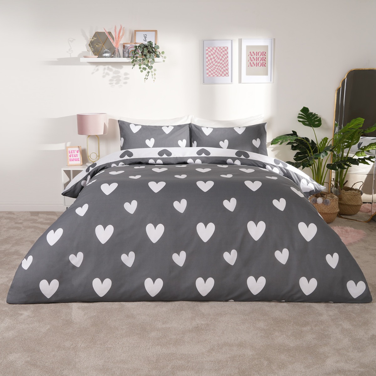 OHS Love Heart Decorative Printed Duvet Cover Set with Pillowcase in Charcoal | Size: King
