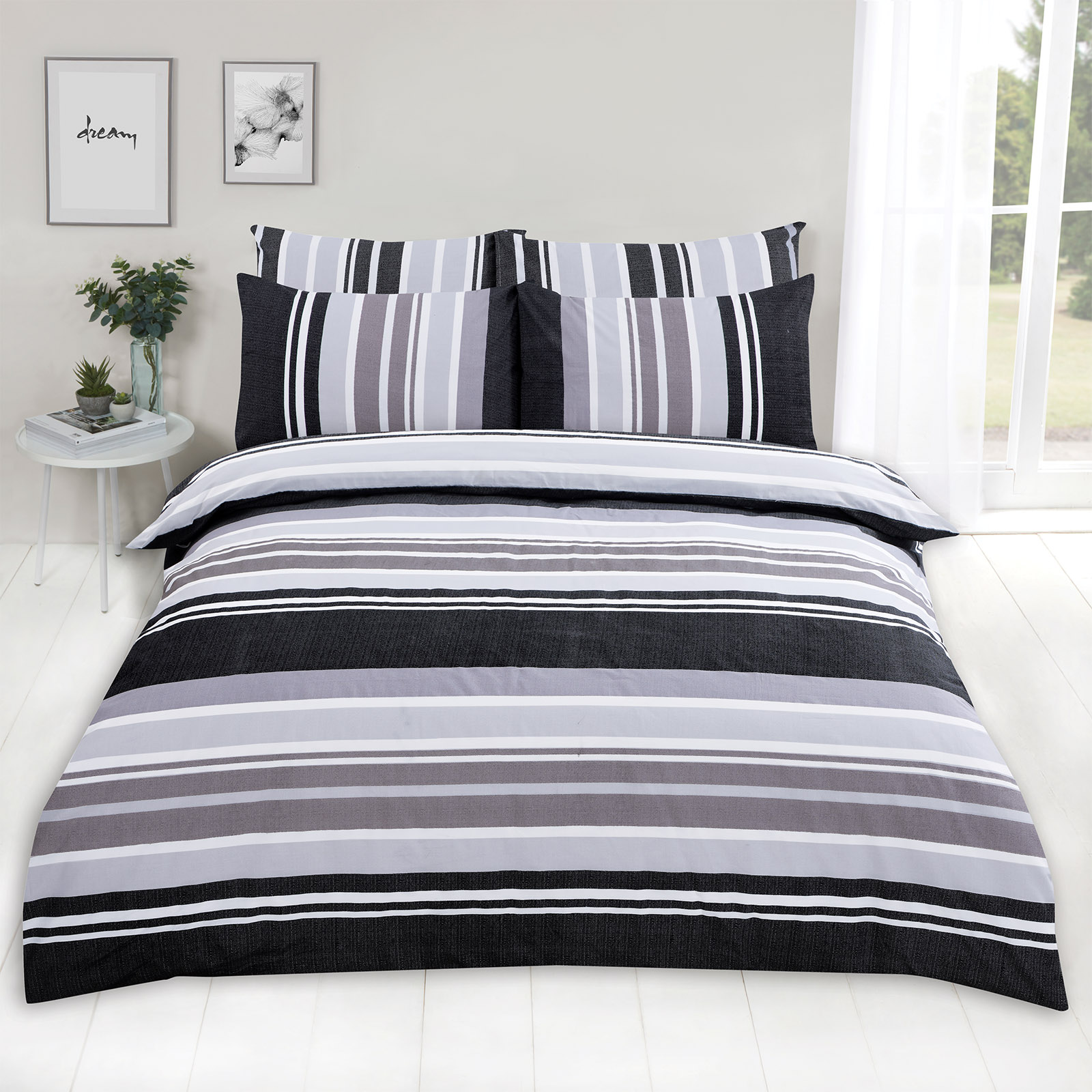 OHS Wide Stripe Duvet Set, Charcoal Grey – Single