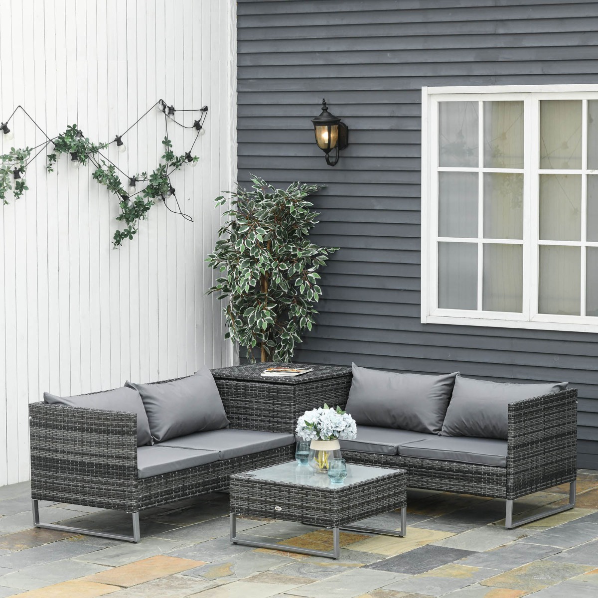 Outsunny Rattan Garden Furniture Sofa Set, Mixed Grey – 4 Seater