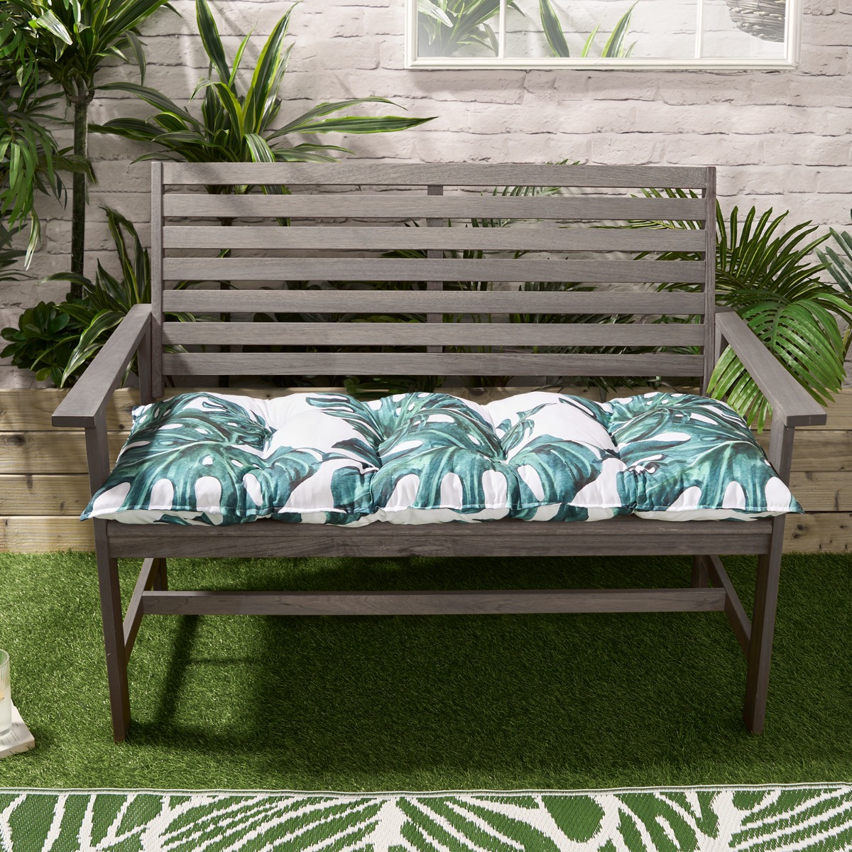 OHS 2-Seater Indoor/Outdoor Tropical Leaf Print Foam Bench Pad – Green/White