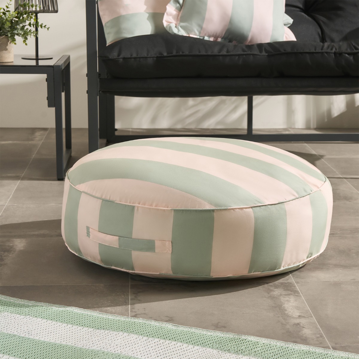 OHS Indoor/Outdoor Stripe Print Round Filled Cushion – Sage/Cream