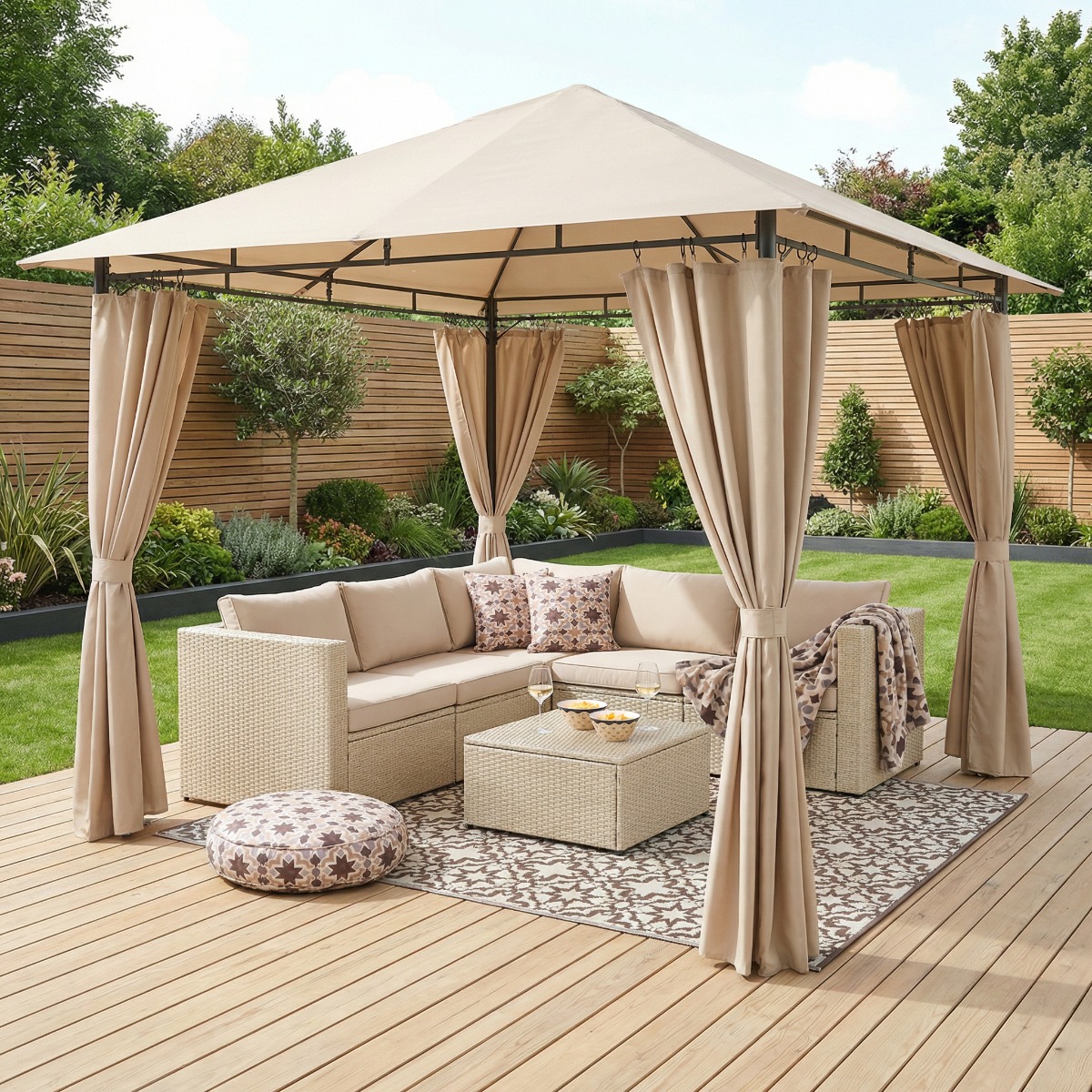 OHS Water Resistant Gazebo With Curtains – Natural