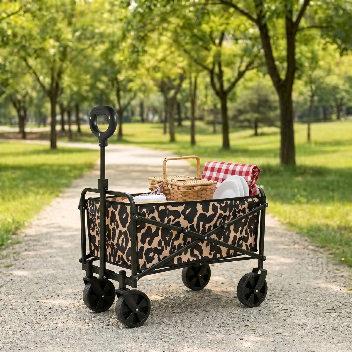 OHS Leopard Print Foldable Camping Trolley – Natural