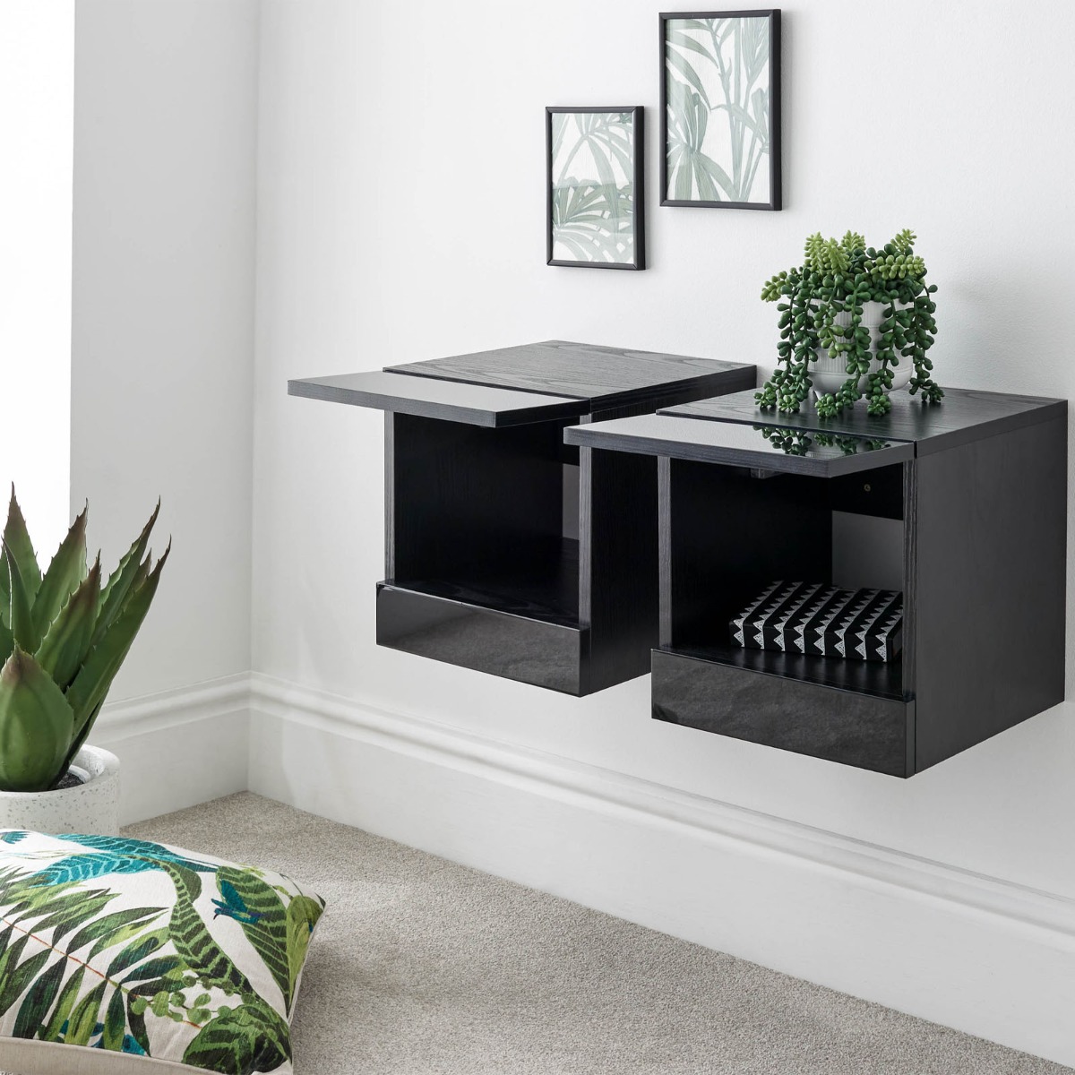 Galicia Pair Of Wall Hanging Bedside Tables – Black