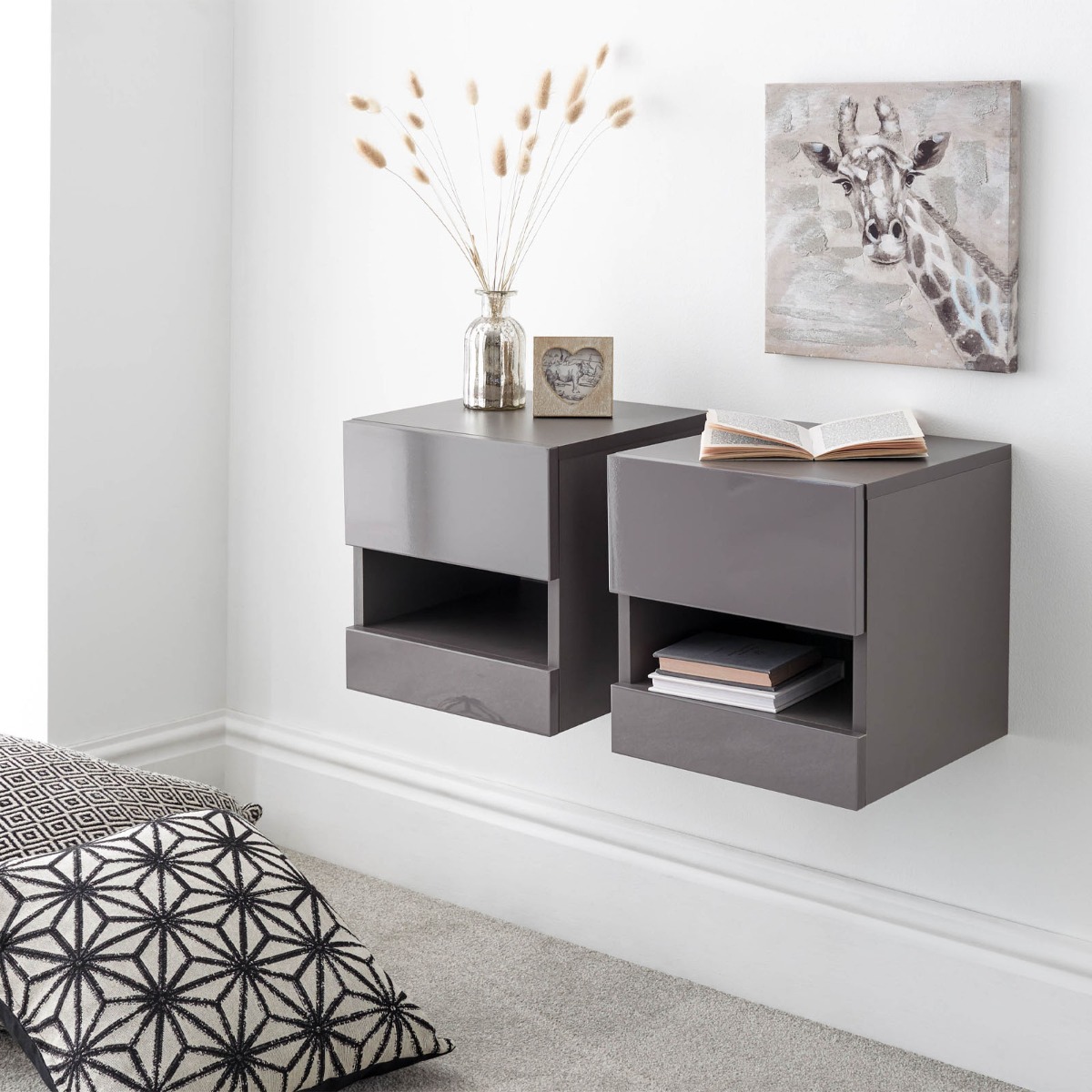 Galicia Pair Of Wall Hanging Bedside Tables – Grey