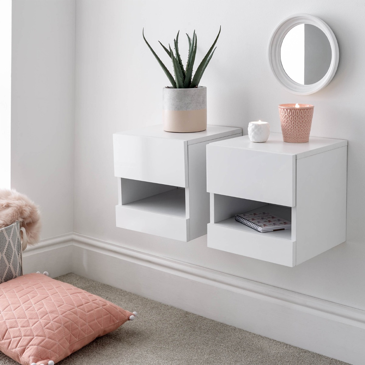 Galicia Pair Of Wall Hanging Bedside Tables – White