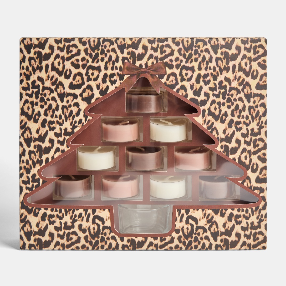 OHS 10 Leopard Print Assorted Scented Tealights with Glass Handle Holder - Natural