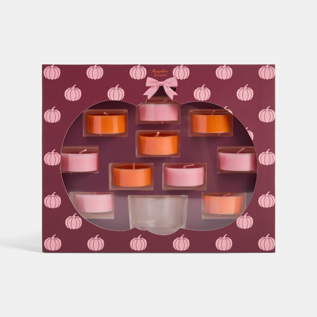 OHS 10 Pumpkin Print Assorted Scented Tealights with Glass Handle Holder - Multi