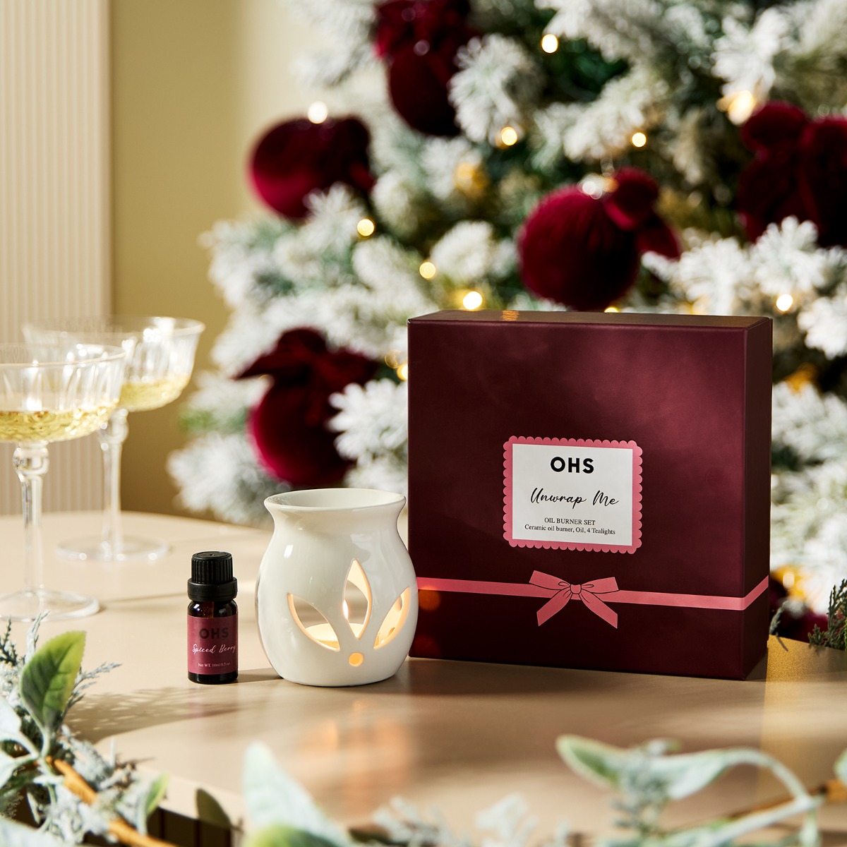 OHS Unwrap Me Ceramic Oil Burner, 10ml Oil & 4 Tealights Set - Burgundy
