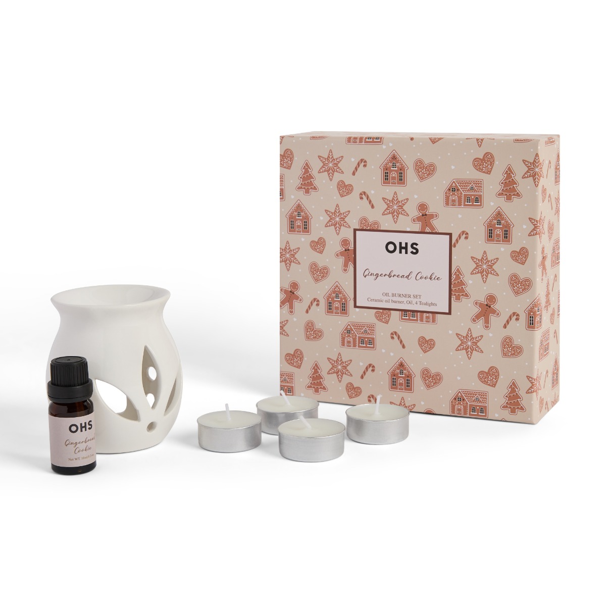 OHS Ceramic Oil Burner, 10ml Oil & 4 Tealights Set, Gingerbread Print - Natural