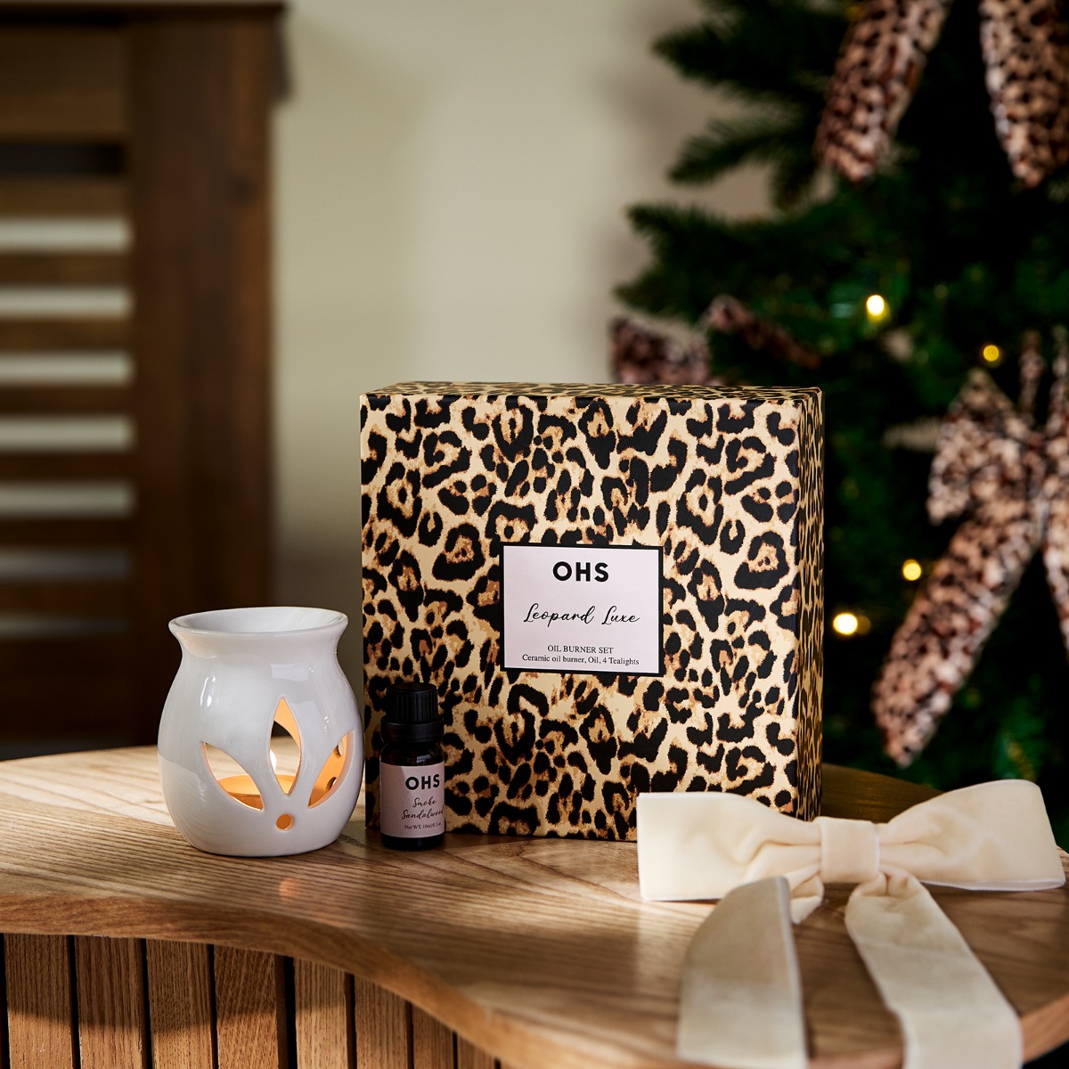 OHS Leopard Print Ceramic Oil Burner, 10ml Oil & 4 Tealights Set - Natural