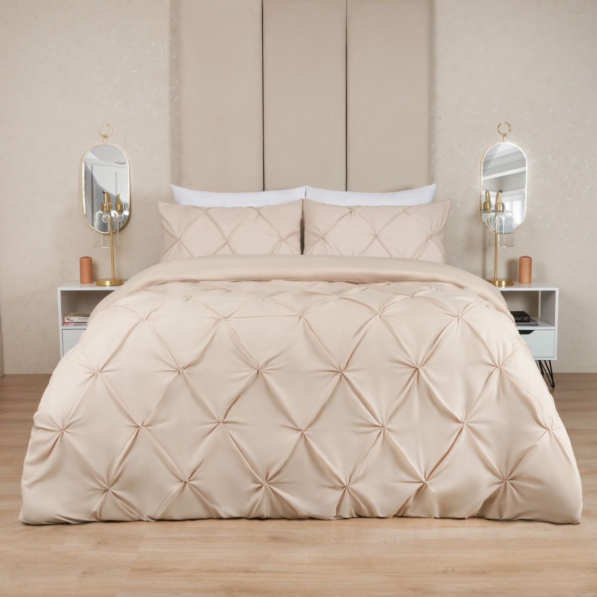 OHS Polycotton Diamond Pintuck Pinch Pleat Duvet Set, Beige – Double